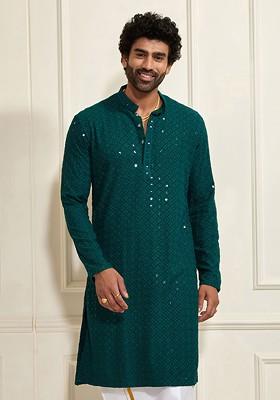 Green Ethnic Motifs Poly Blend Kurta For Men