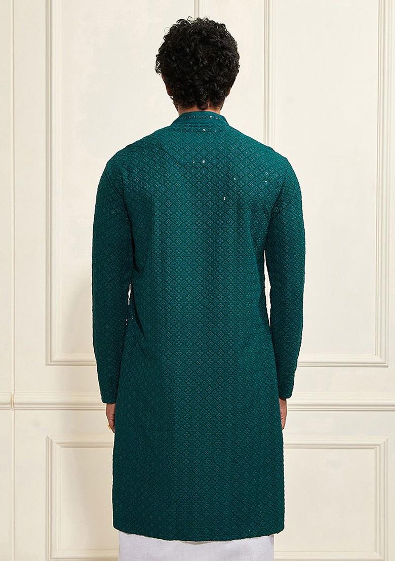 Green Ethnic Motifs Poly Blend Kurta For Men