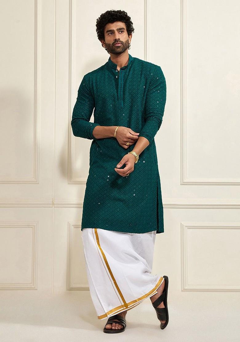 Green Ethnic Motifs Poly Blend Kurta For Men