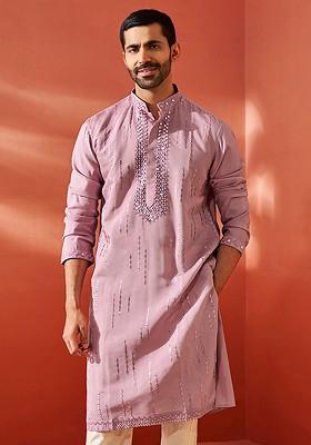 Pink Embellished Silk Kurta For Men