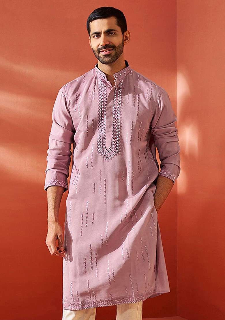 Pink Embellished Silk Kurta For Men - Indya