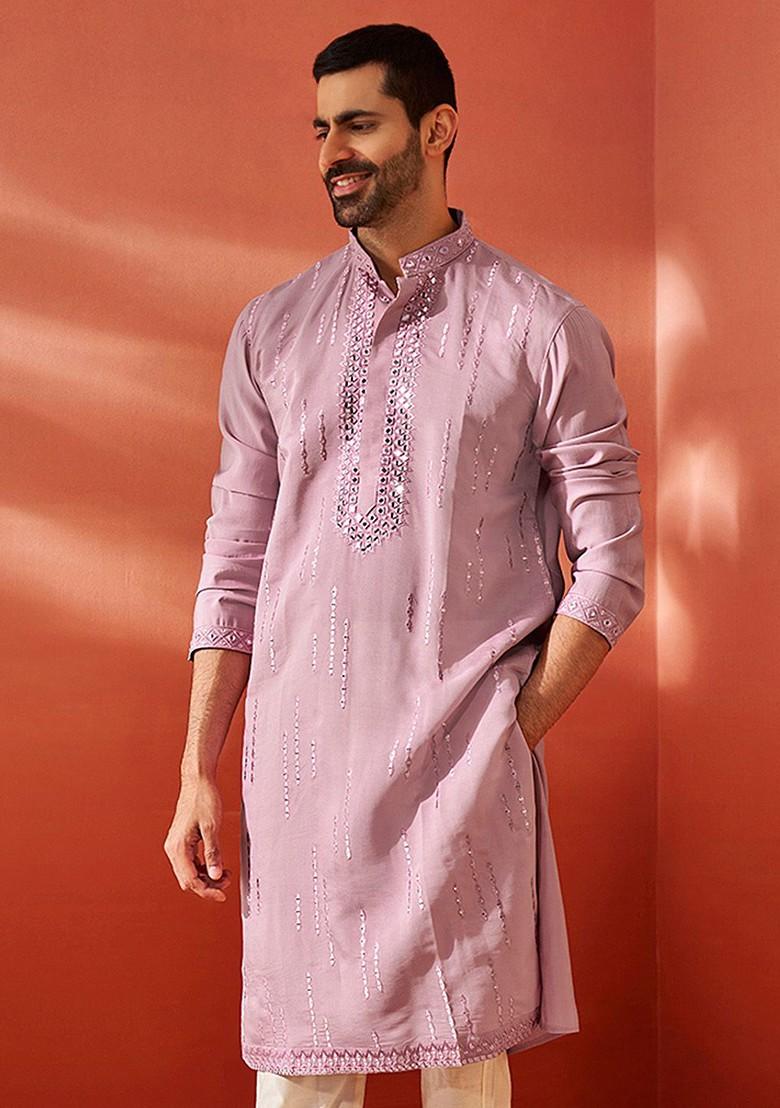 Pink Embellished Silk Kurta For Men