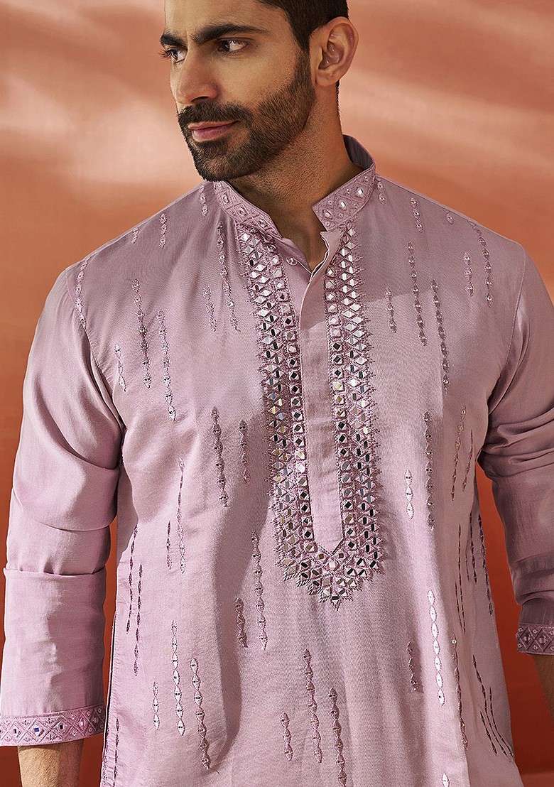 Pink Embellished Silk Kurta For Men - Indya