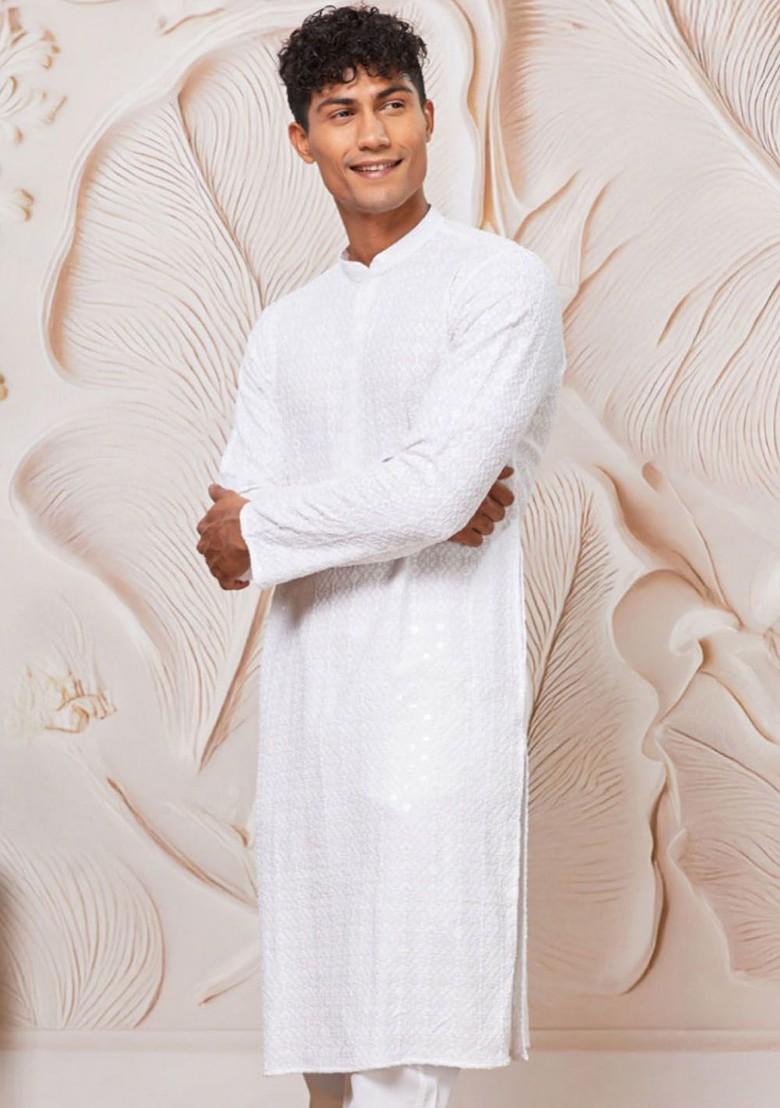 White Floral Print Poly Blend Kurta For Men