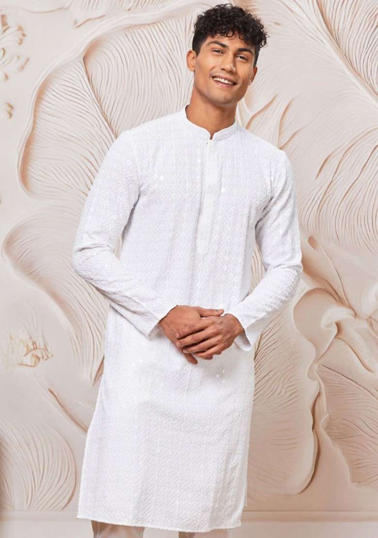 White Floral Print Poly Blend Kurta For Men - Indya
