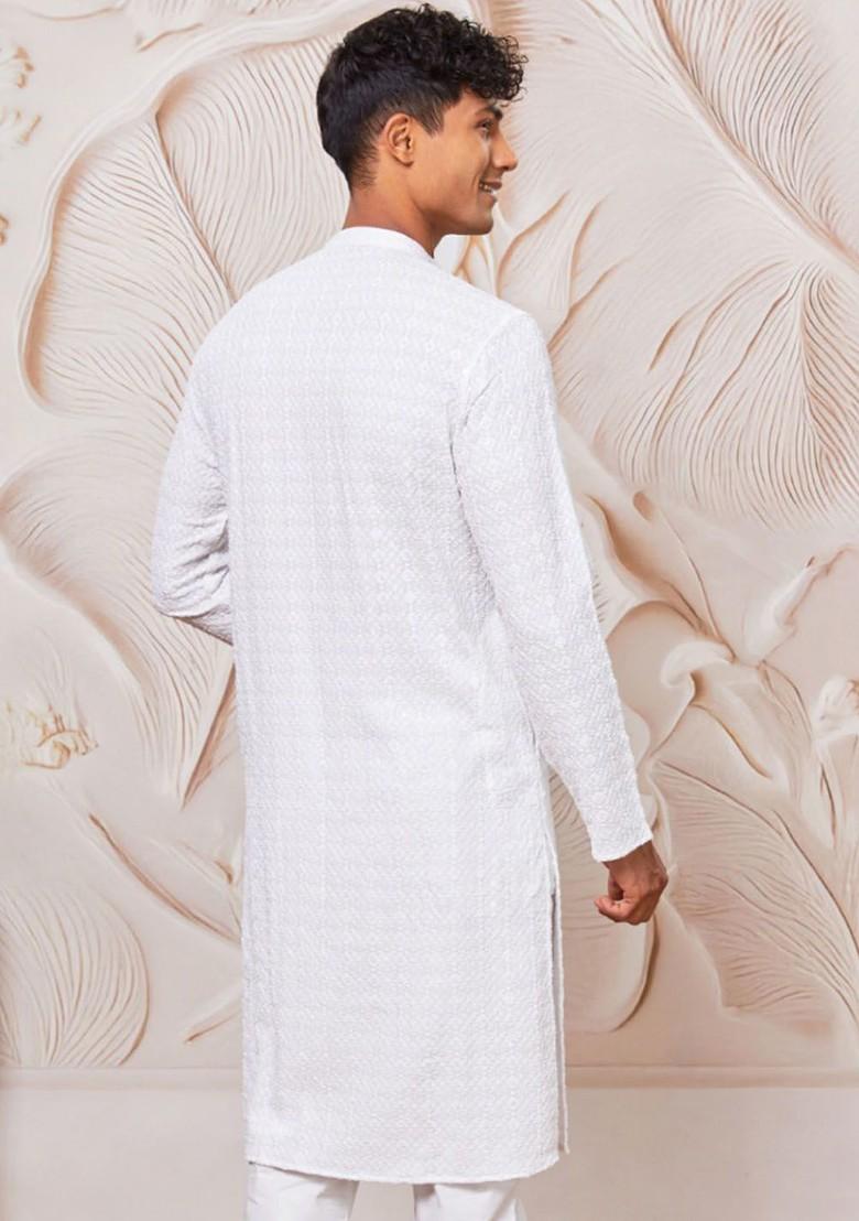White Floral Print Poly Blend Kurta For Men