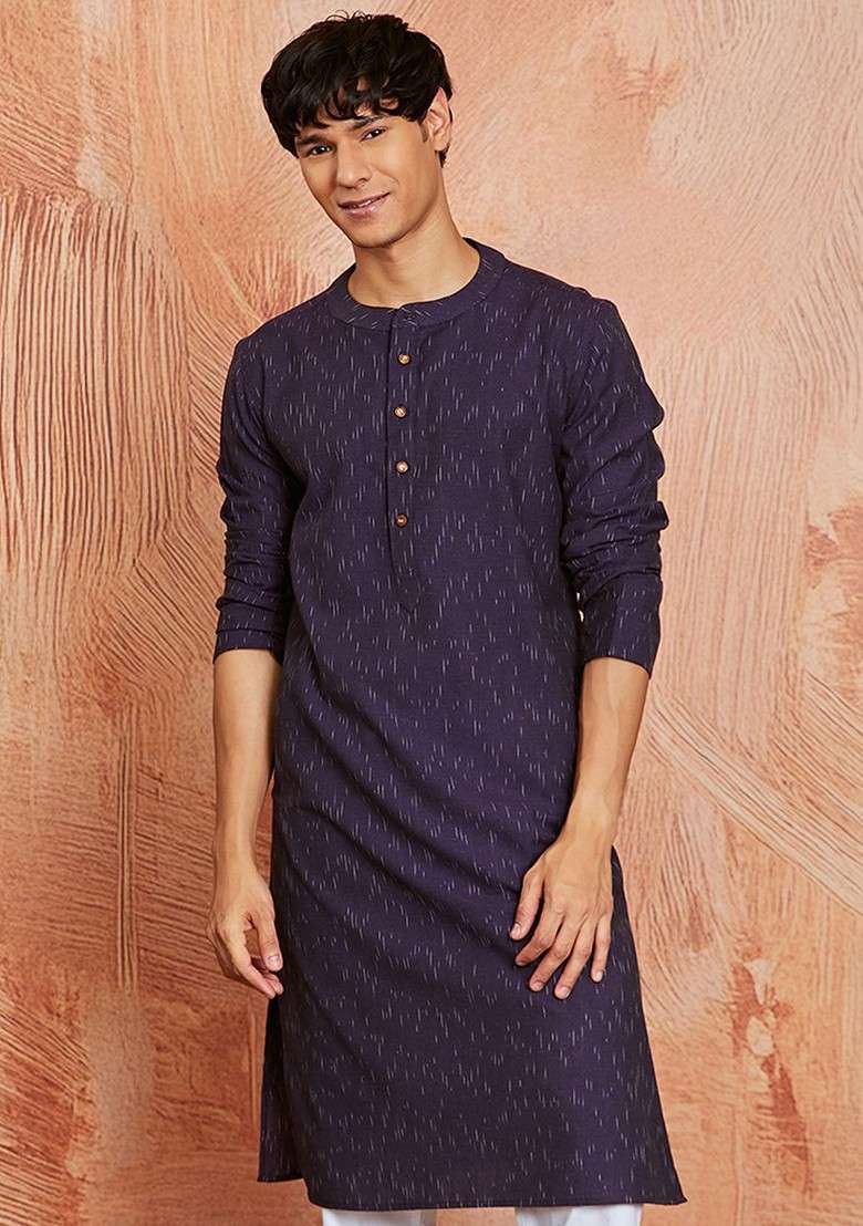 Purple Ikat Print Cotton Kurta For Men - Indya