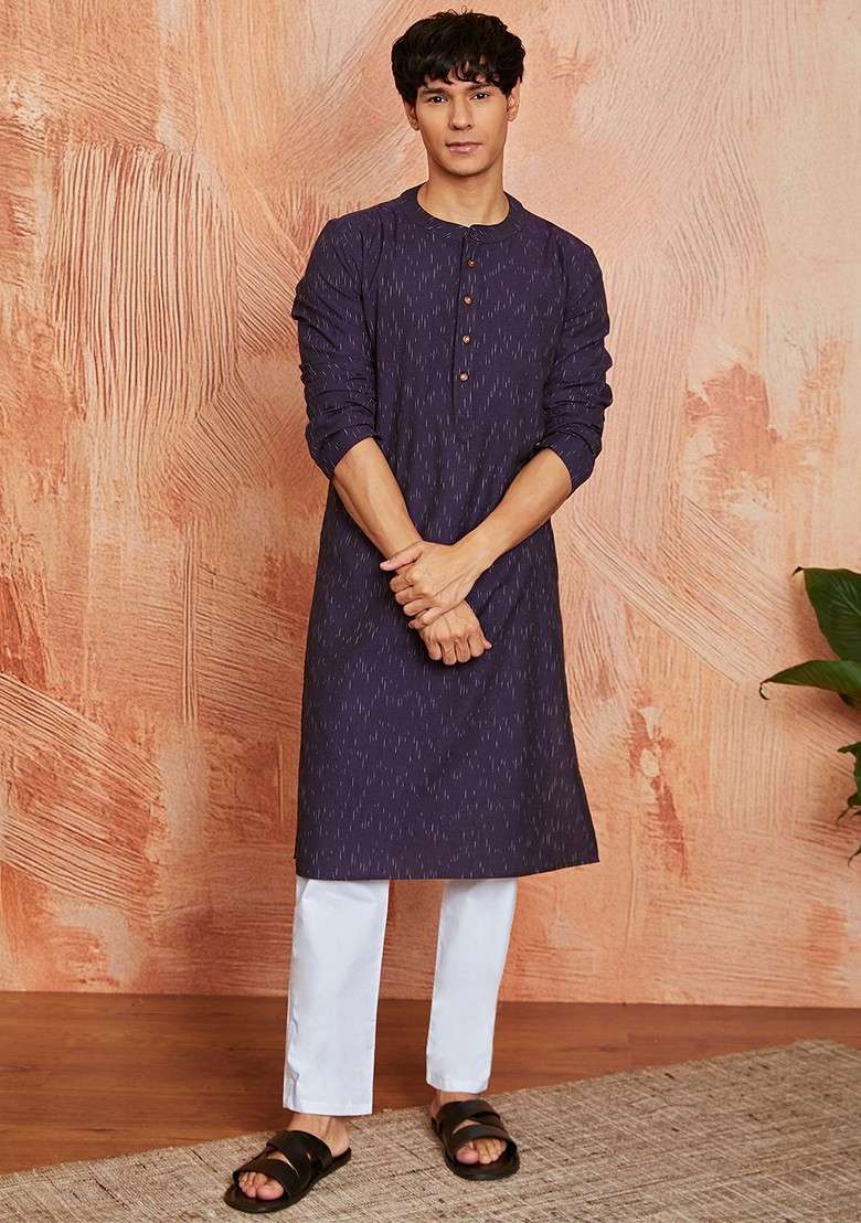 Purple Ikat Print Cotton Kurta For Men - Indya