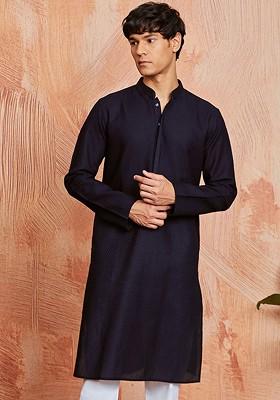 Black Embroidered Cotton Kurta For Men