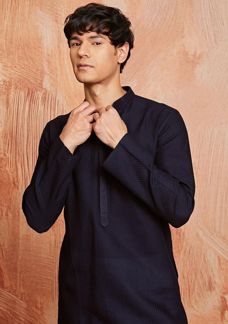 Black Embroidered Cotton Kurta For Men