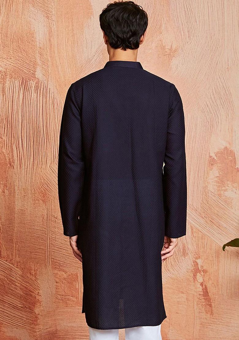 Black Embroidered Cotton Kurta For Men