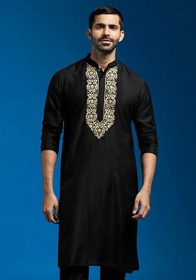 Black Floral Print Poly Blend Kurta For Men