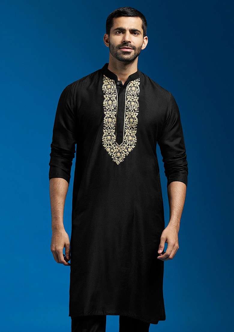 Black Floral Print Poly Blend Kurta For Men - Indya