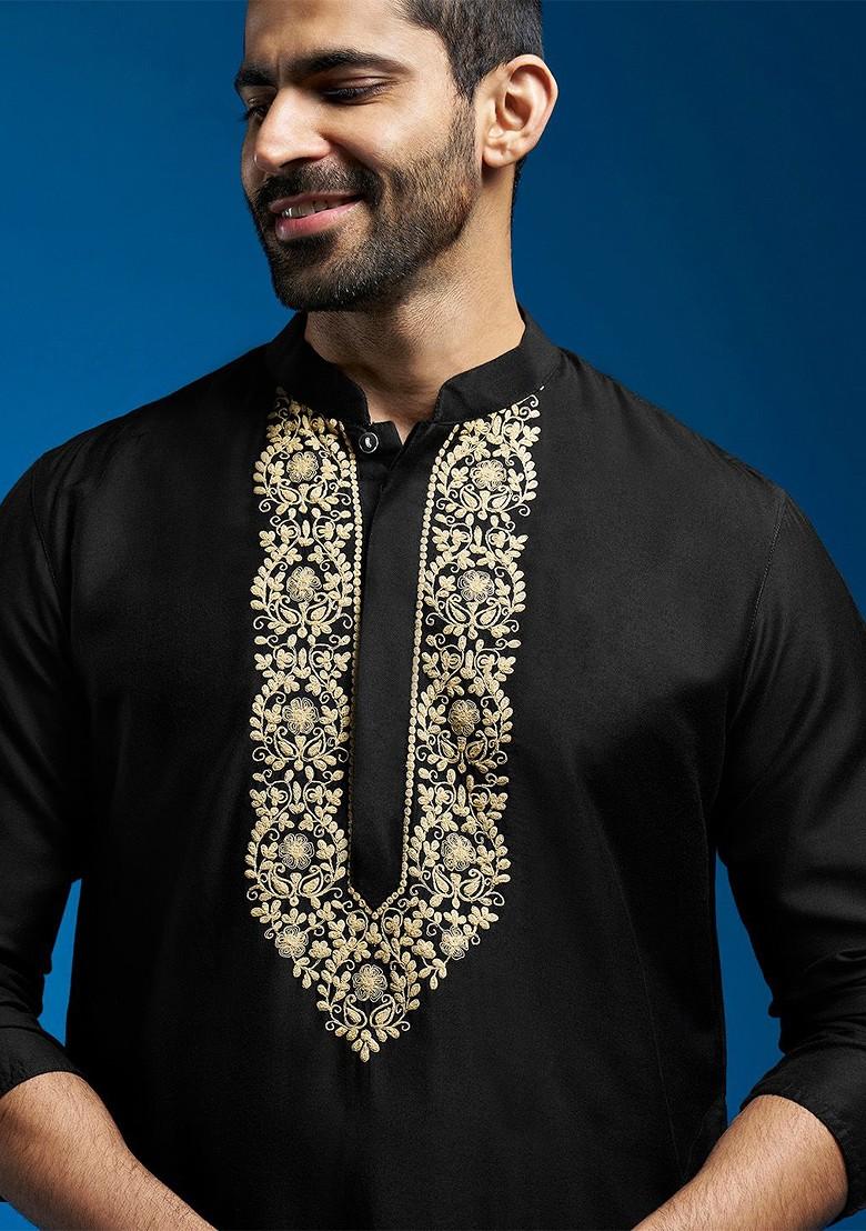 Black Floral Print Poly Blend Kurta For Men