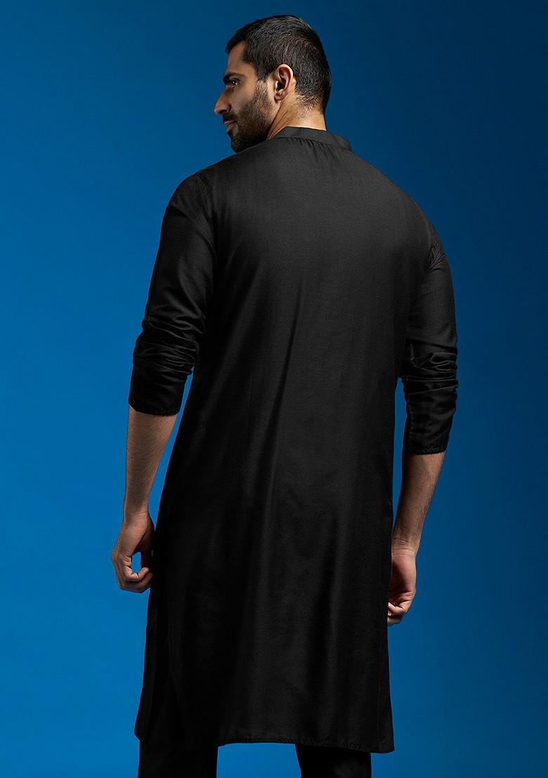 Black Floral Print Poly Blend Kurta For Men