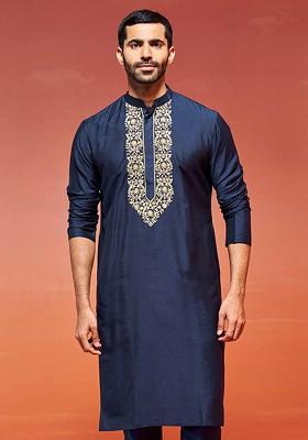 Navy Blue Thread Work Poly Blend Kurta For Men