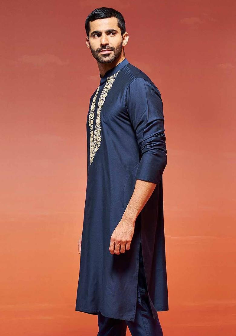 Navy Blue Thread Work Poly Blend Kurta For Men