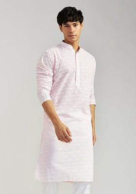 Pink Floral Print Cotton Kurta For Men