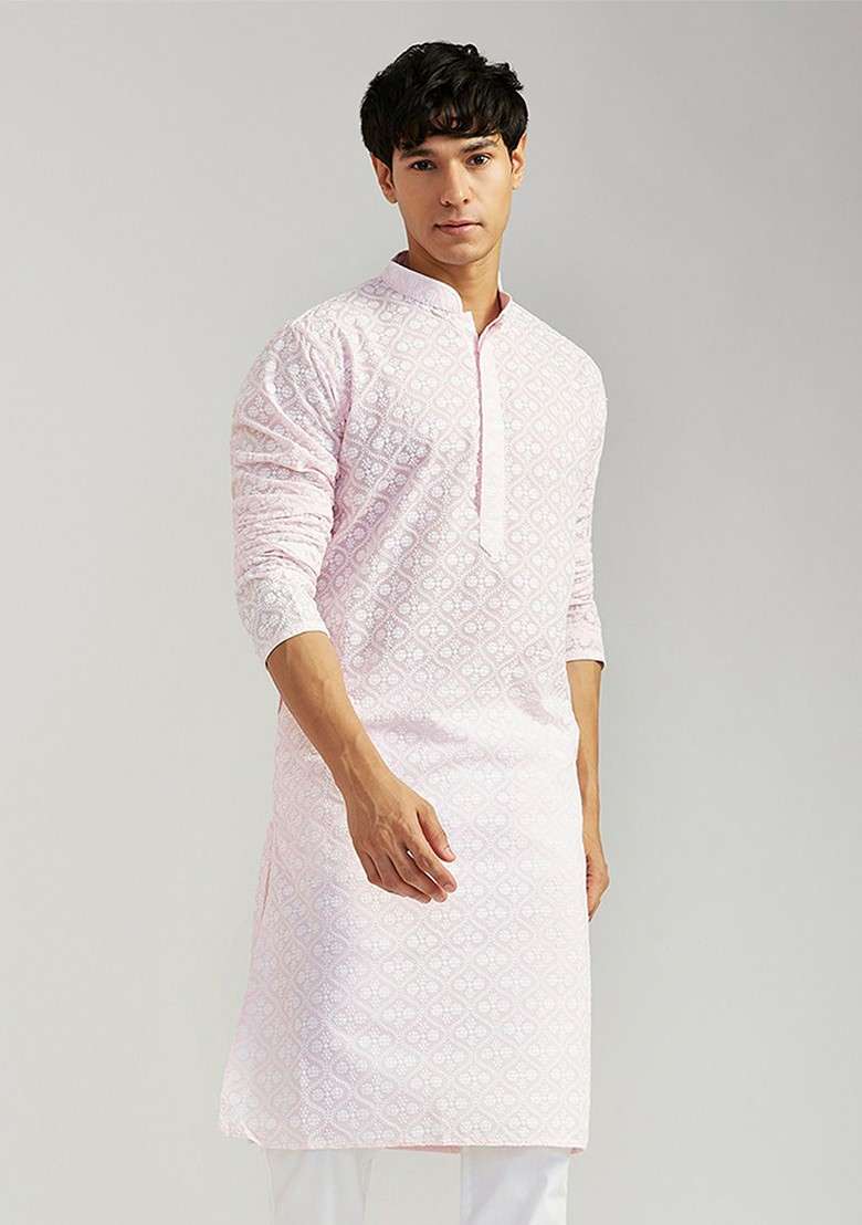 Pink Floral Print Cotton Kurta For Men - Indya