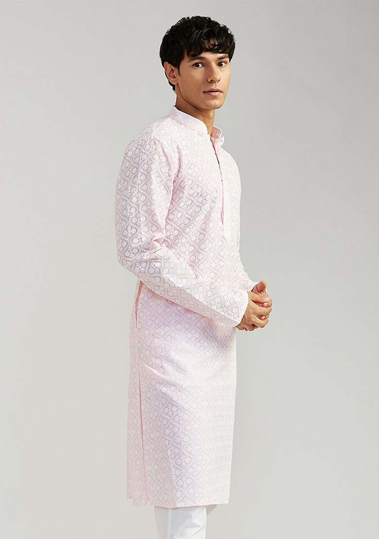 Pink Floral Print Cotton Kurta For Men - Indya