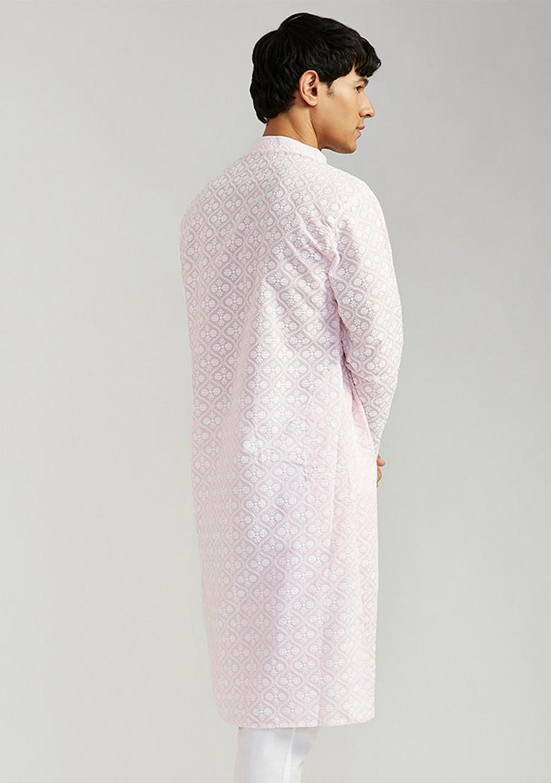 Pink Floral Print Cotton Kurta For Men