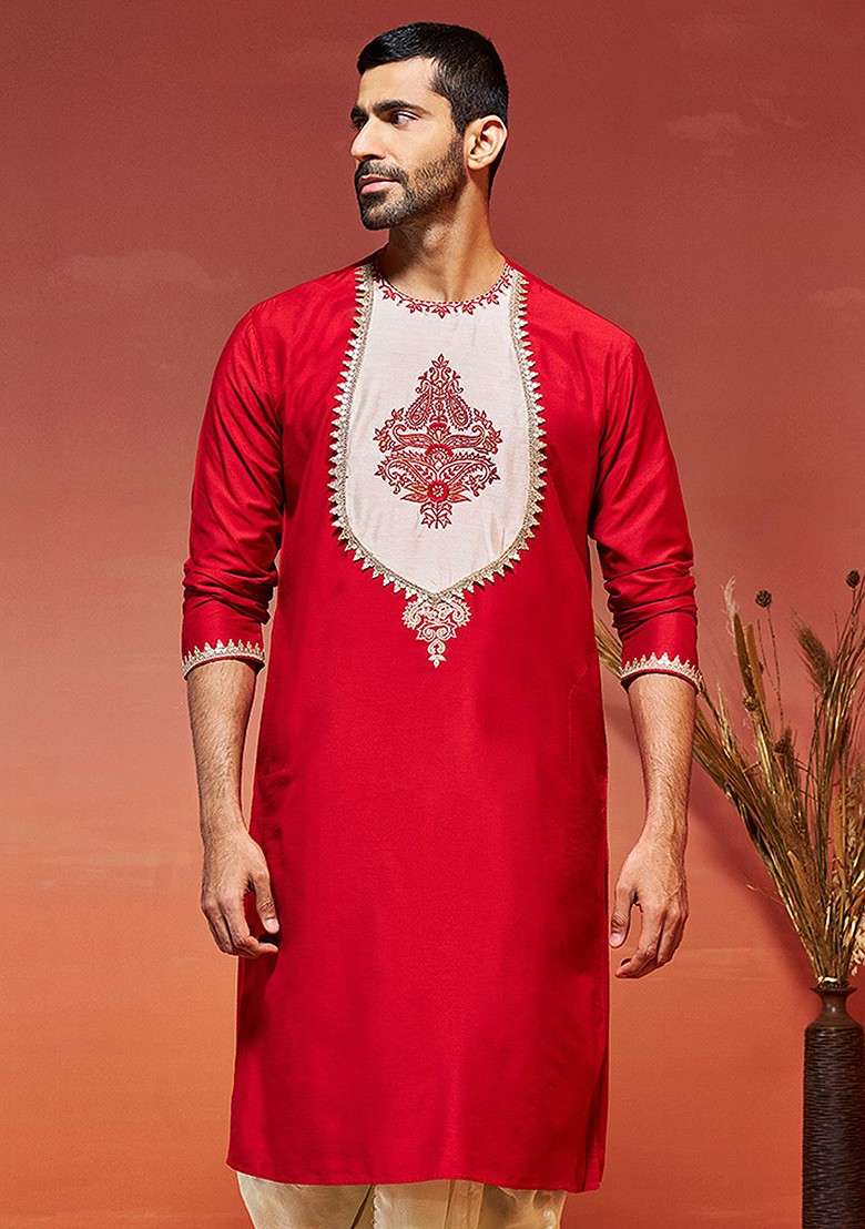 Red Ethnic Motifs Poly Blend Kurta For Men - Indya