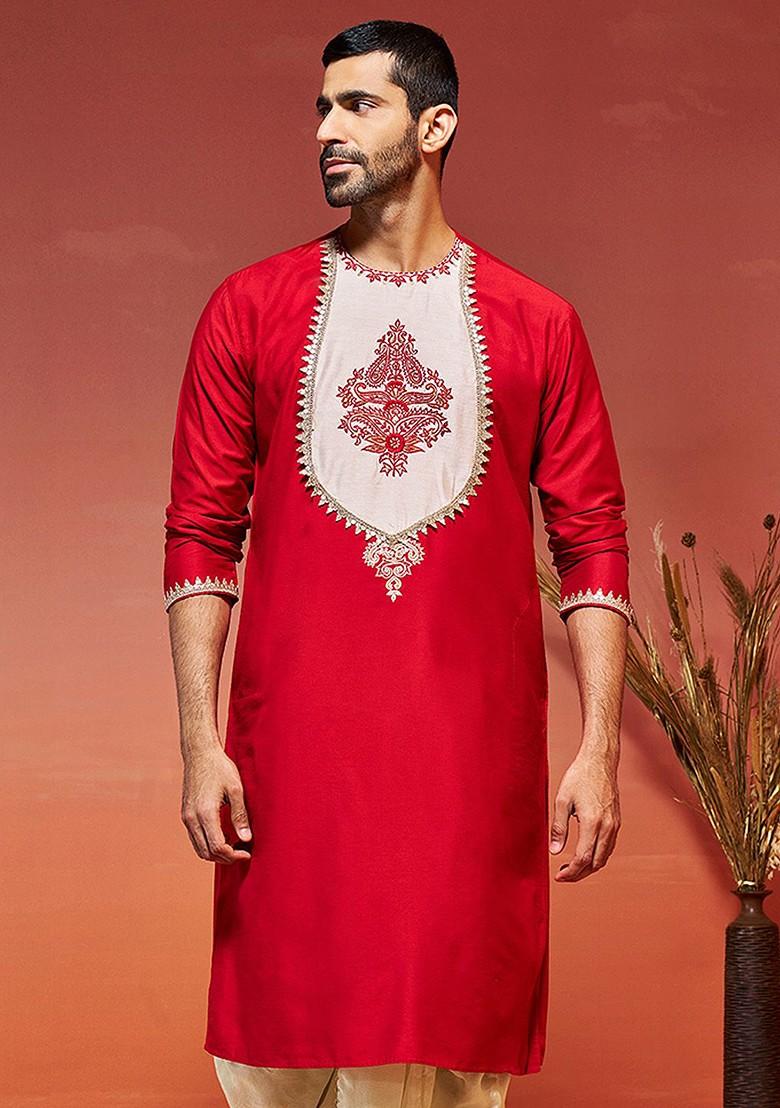 Red Ethnic Motifs Poly Blend Kurta For Men