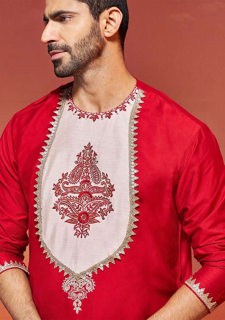 Red Ethnic Motifs Poly Blend Kurta For Men - Indya