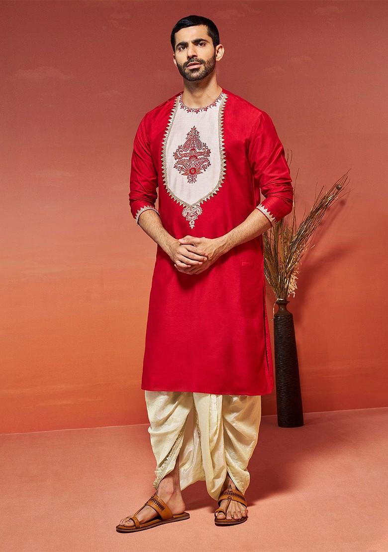 Red Ethnic Motifs Poly Blend Kurta For Men