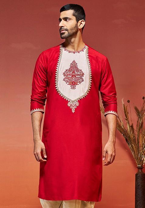 Red Ethnic Motifs Poly Blend Kurta For Men — view on Indya