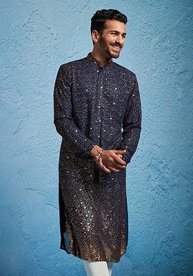 Navy Blue Embellished Poly Blend Kurta For Men