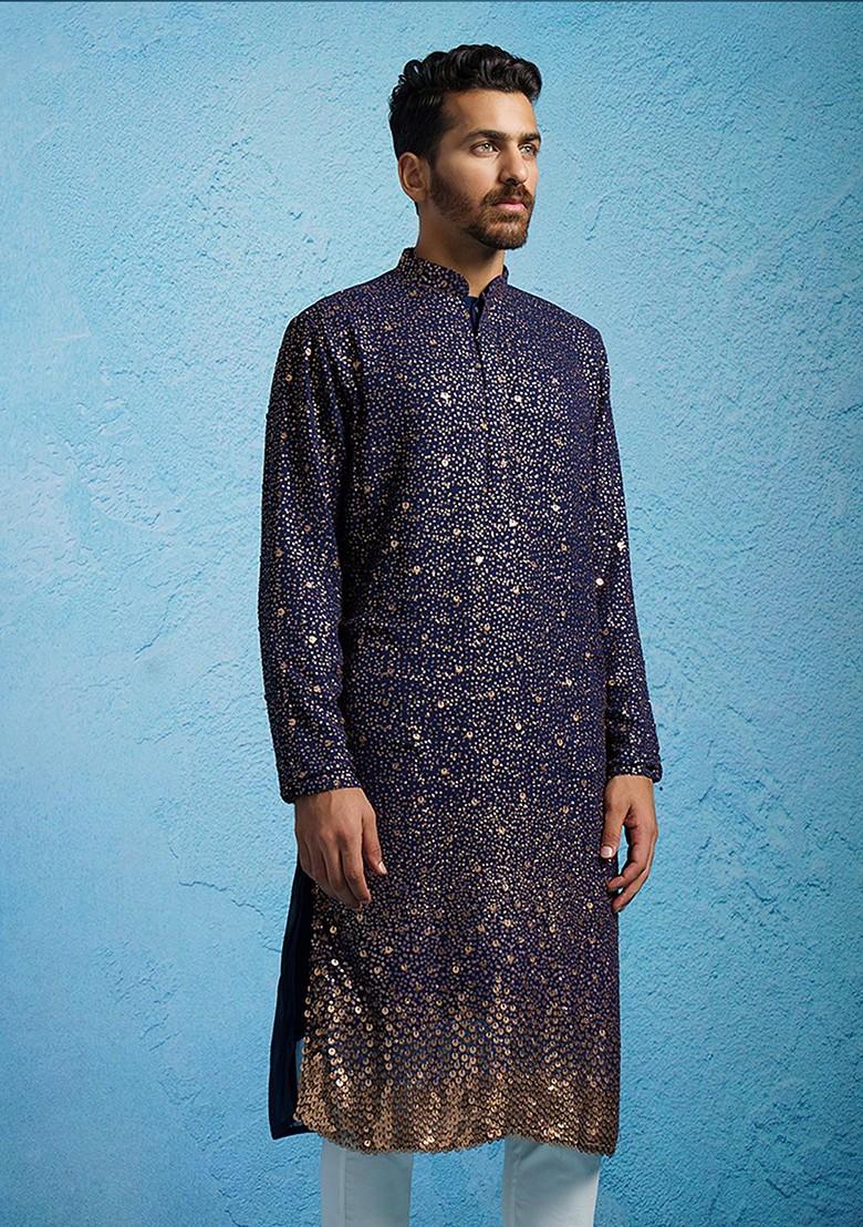 Navy Blue Embellished Poly Blend Kurta For Men