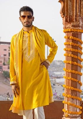 Yellow Embroidered Poly Blend Kurta For Men