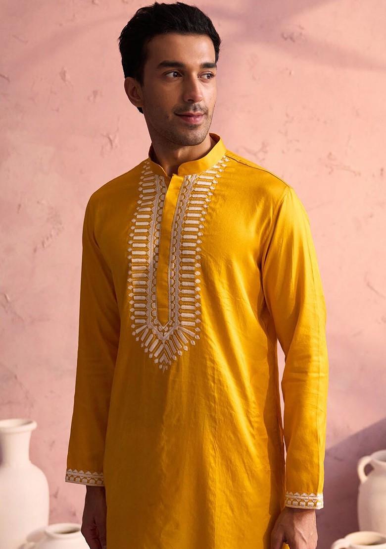 Yellow Embroidered Poly Blend Kurta For Men