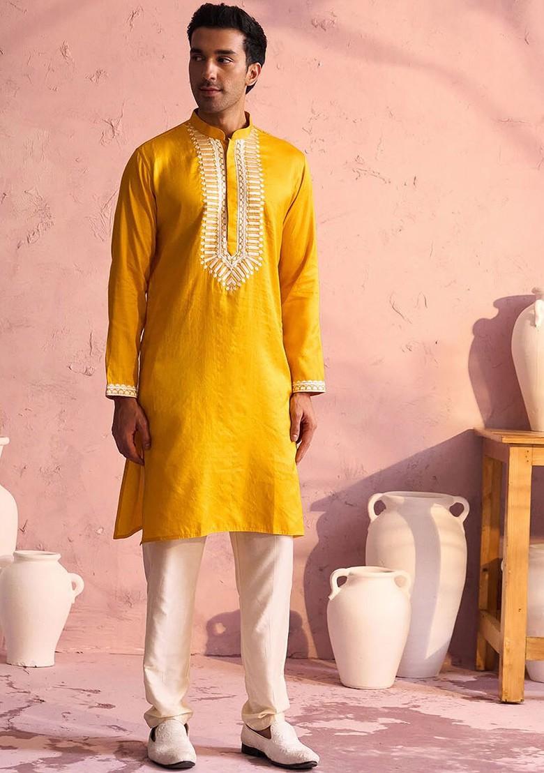 Yellow Embroidered Poly Blend Kurta For Men
