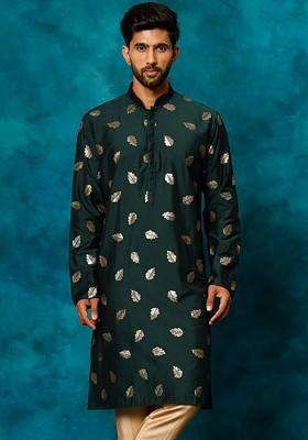 Green Embellished Poly Blend Kurta For Men