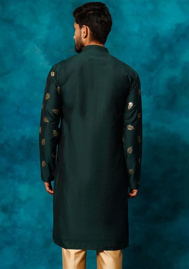 Green Embellished Poly Blend Kurta For Men