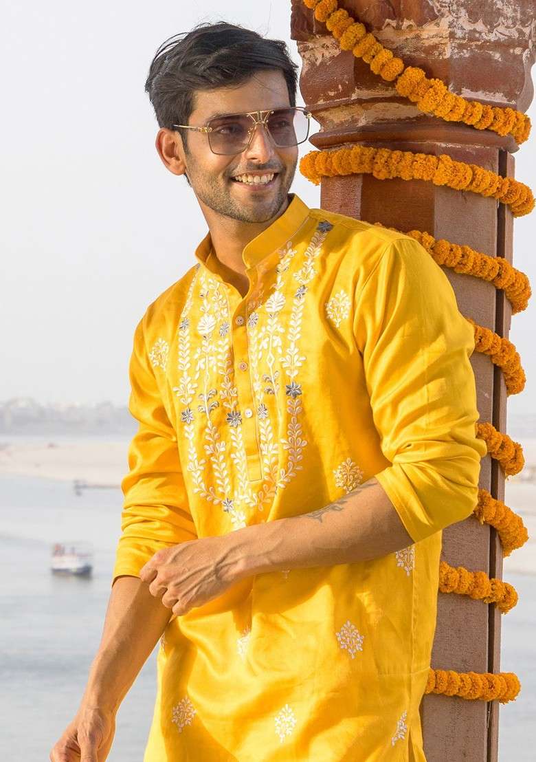 Yellow Geometric Print Poly Blend Kurta For Men - Indya