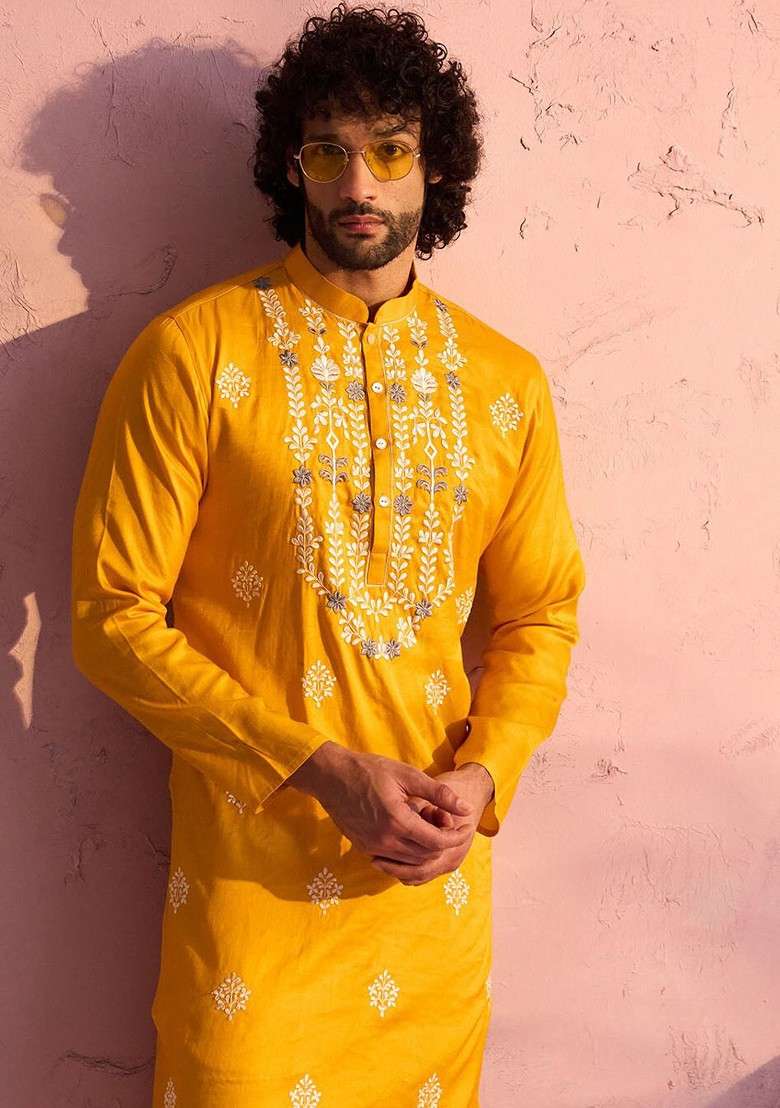 Yellow Geometric Print Poly Blend Kurta For Men - Indya
