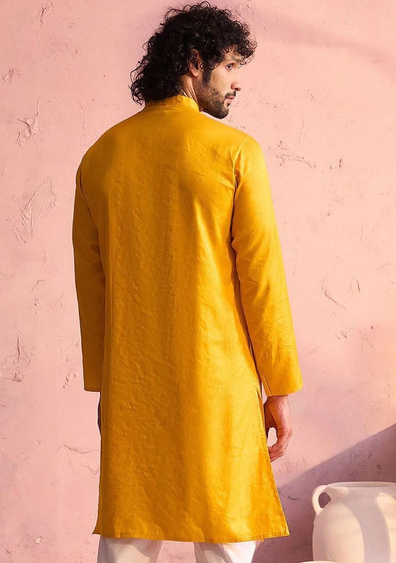 Yellow Geometric Print Poly Blend Kurta For Men