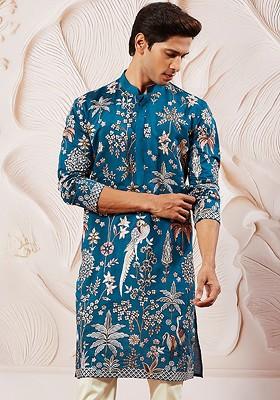 Turquoise Blue Floral Print Poly Blend Kurta For Men