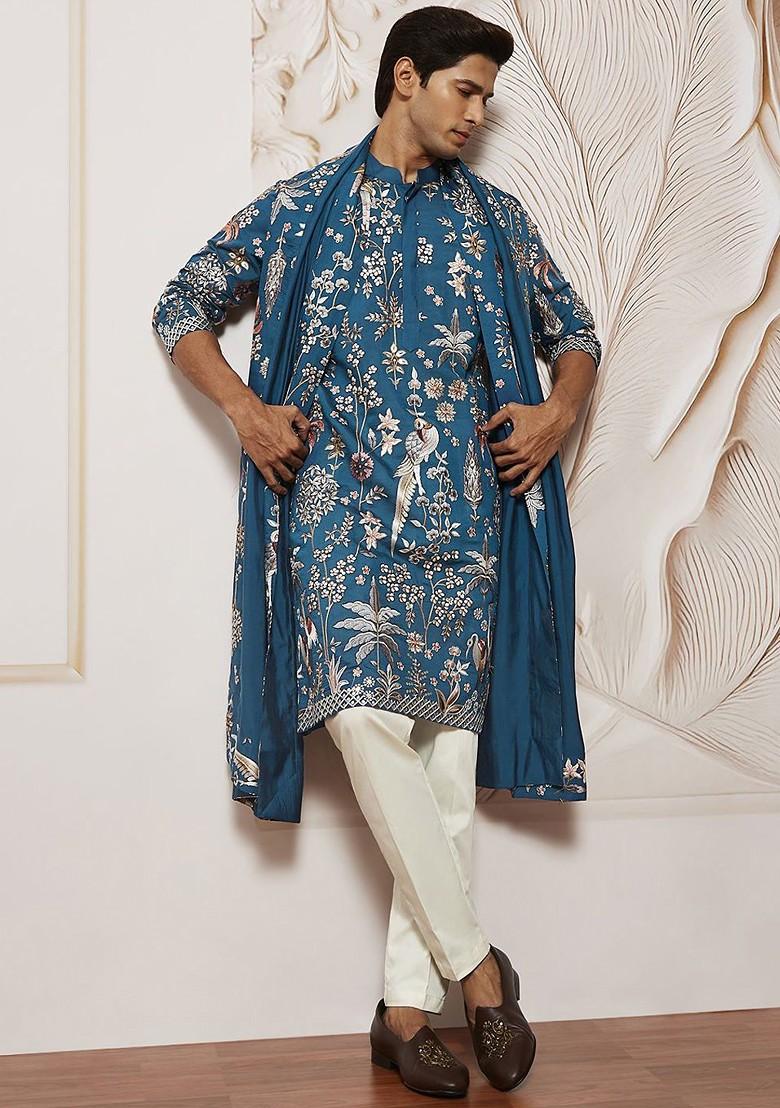 Turquoise Blue Floral Print Poly Blend Kurta For Men