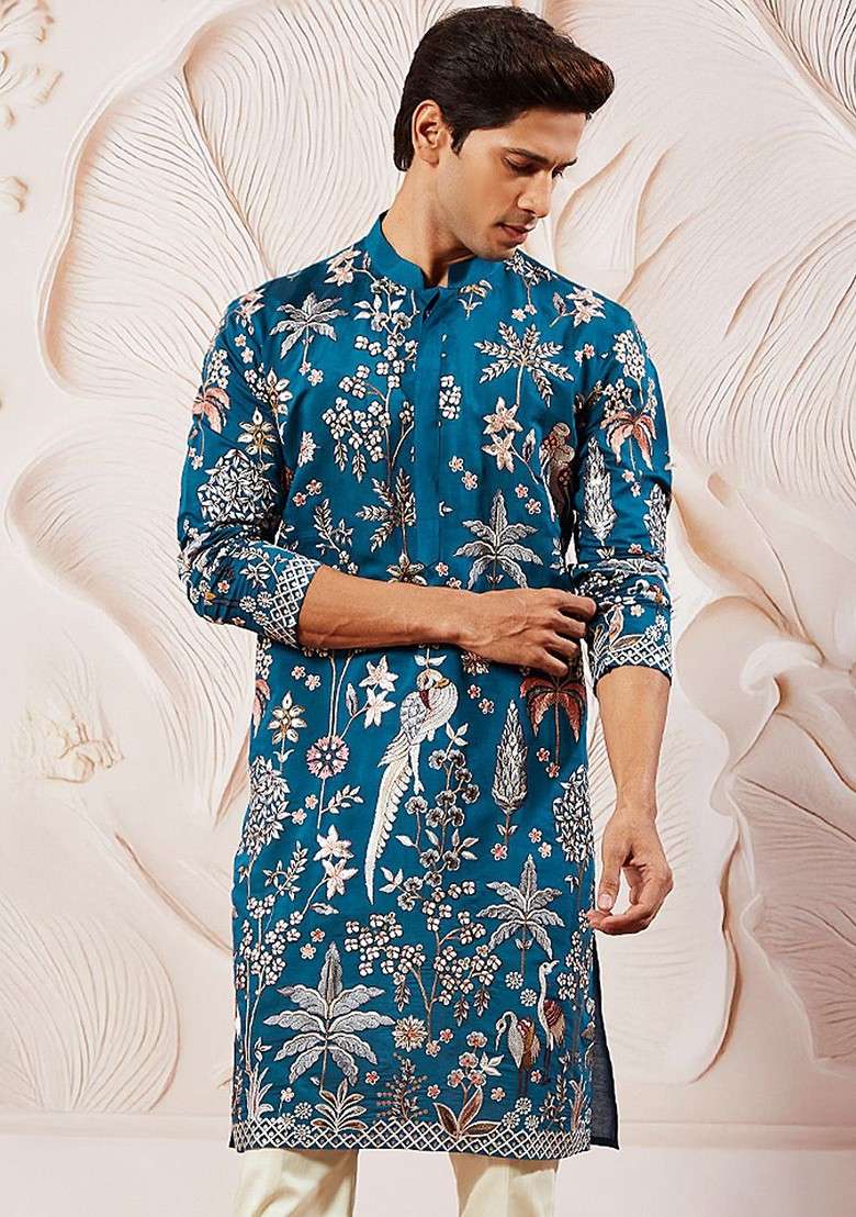 Turquoise Blue Floral Print Poly Blend Kurta For Men - Indya