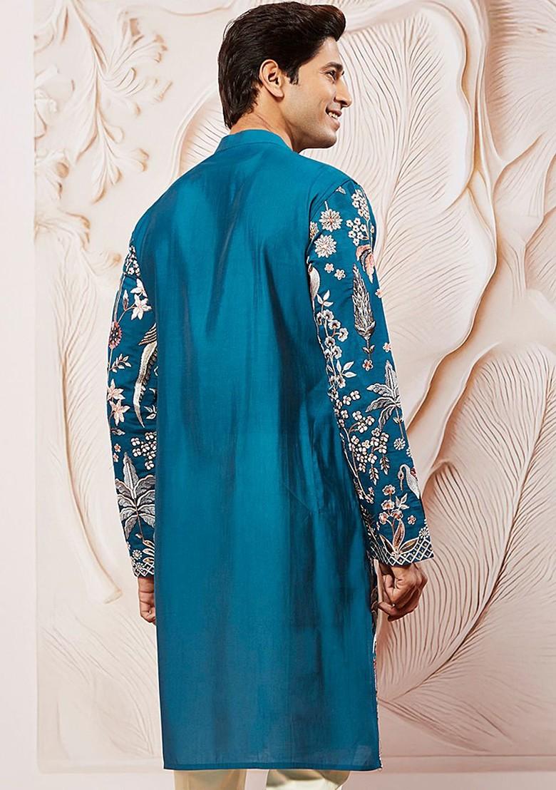 Turquoise Blue Floral Print Poly Blend Kurta For Men