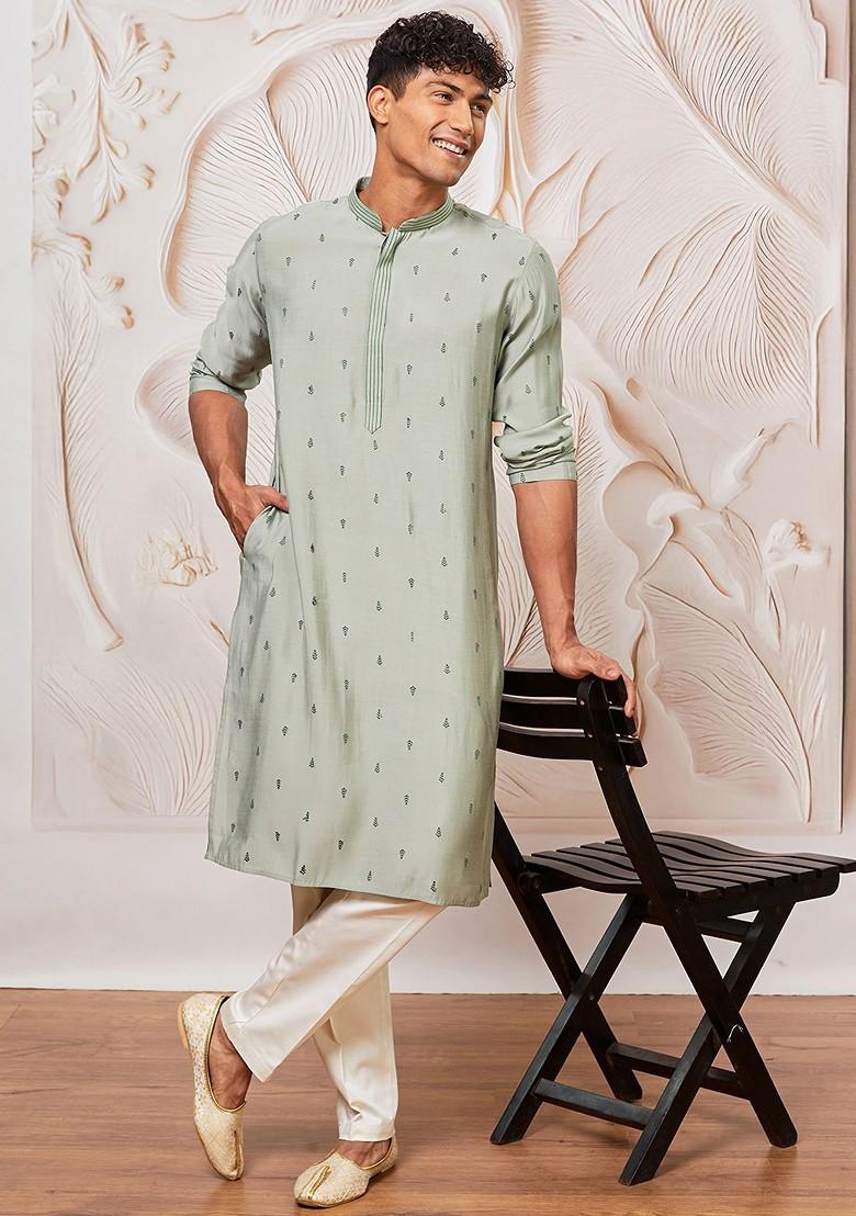 Green Embroidered Poly Blend Kurta For Men