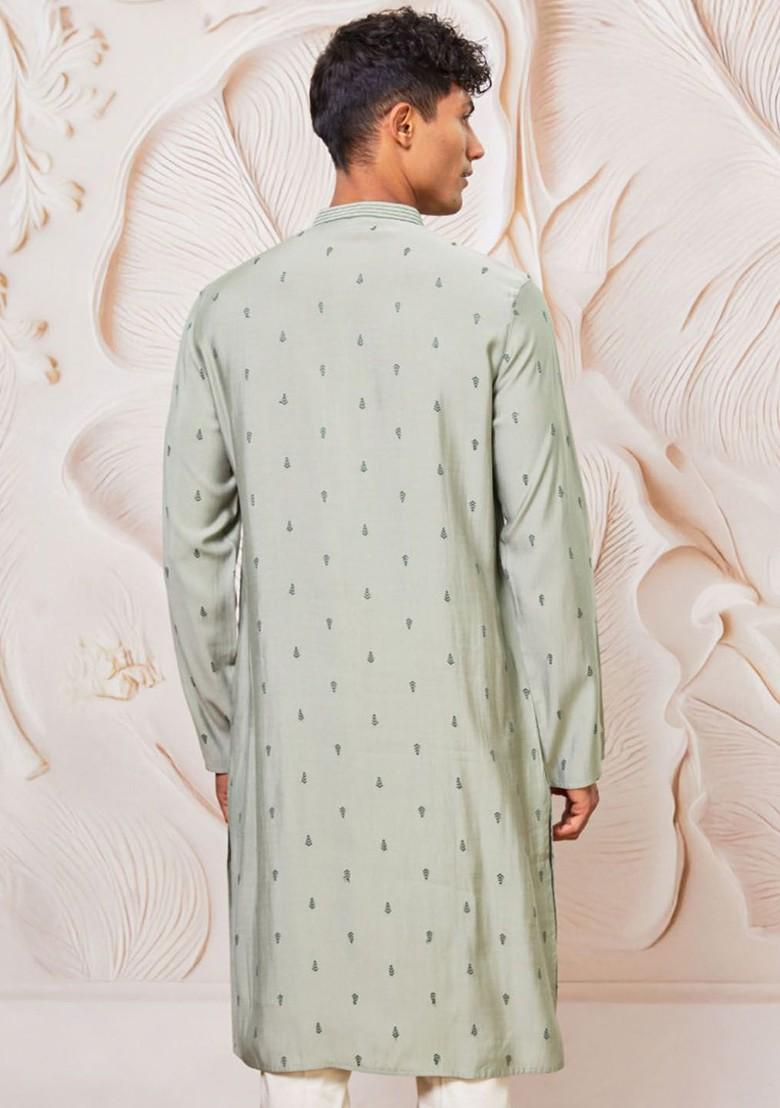 Green Embroidered Poly Blend Kurta For Men