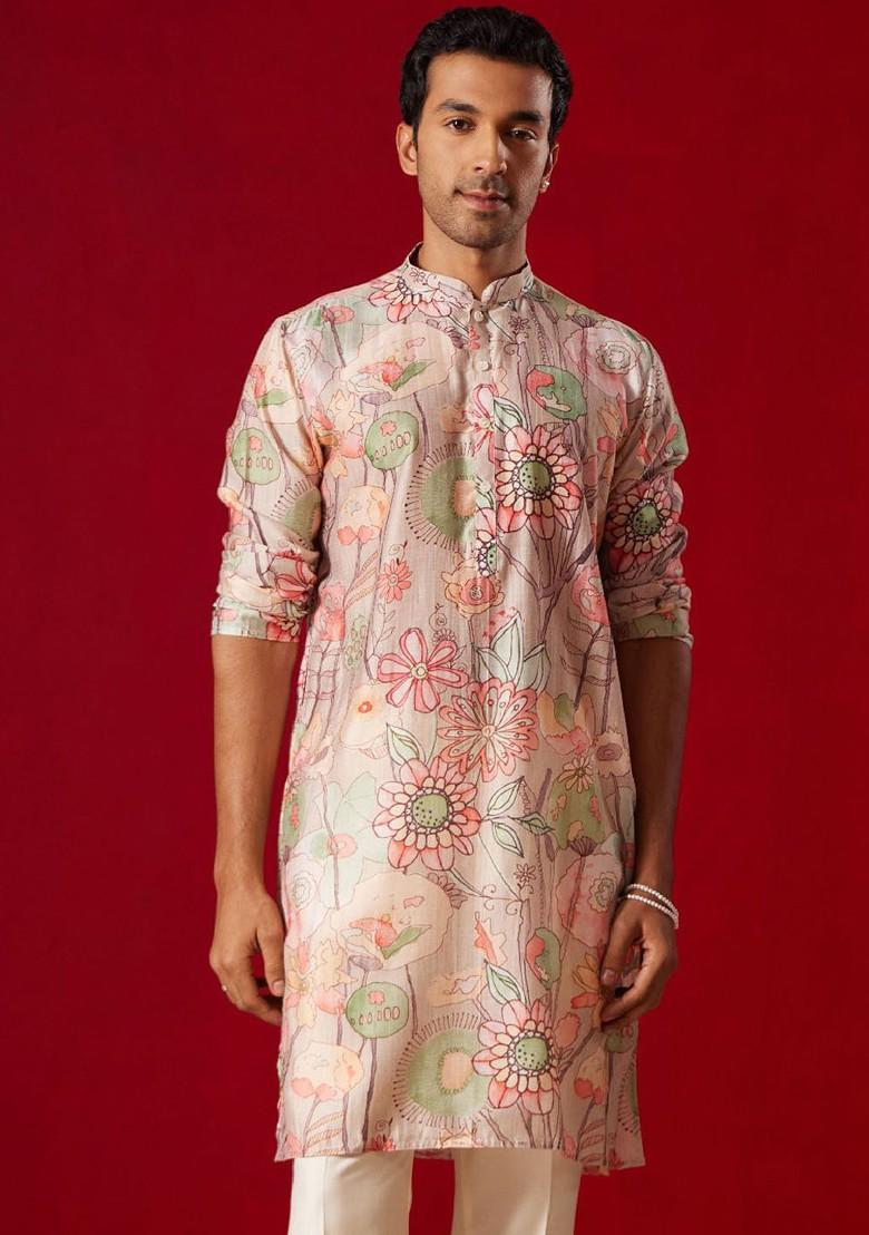 Peach Floral Print Poly Blend Kurta For Men