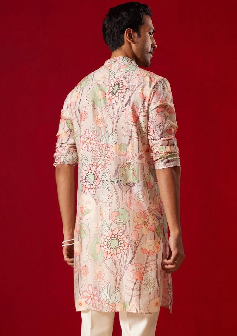 Peach Floral Print Poly Blend Kurta For Men