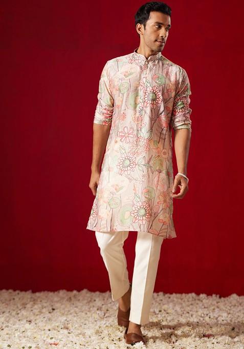 Peach Floral Print Poly Blend Kurta For Men