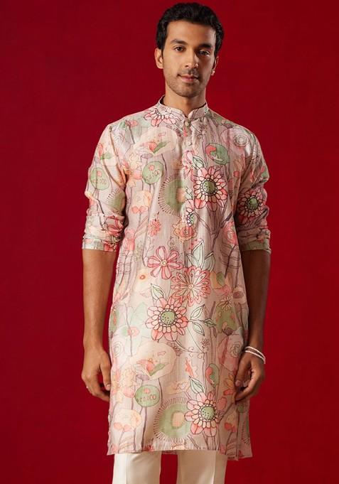 Peach Floral Print Poly Blend Kurta For Men